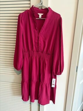 London Times Women's Size 16W Long Sleeve Ruffled Waist Dress - Fuchsia Pink NWT